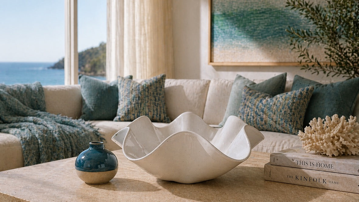White wave ceramic bowl styled in coastal living room, handcrafted stoneware Sydney Australia