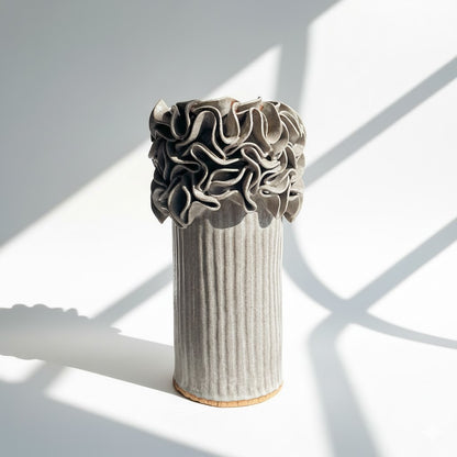 Oversized Ruffled Cylinder Vase - Mushroom Glaze