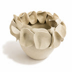 A light natural white speckled ceramic planter with a wide rim made of overlapping petal-like flaps, by Polly Barton Ceramics.