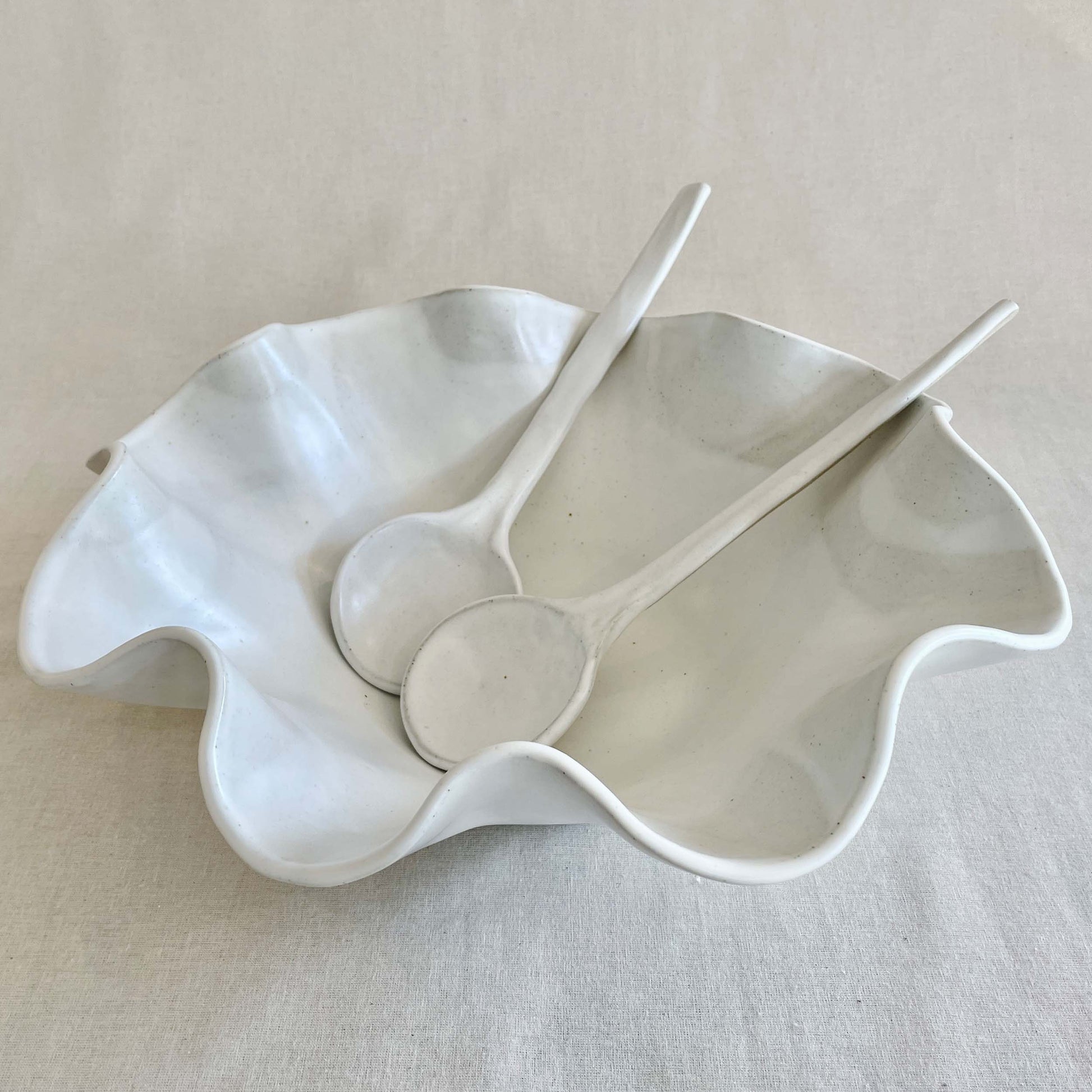 White Ceramic Serving Spoons & Large Wave Bowl