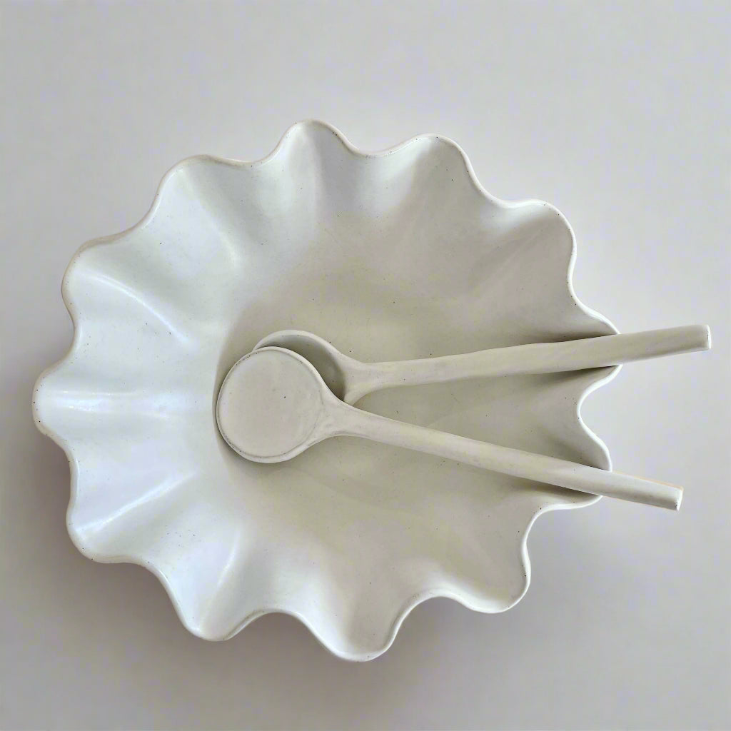 White Ceramic Serving Spoons & Large Wave Bowl