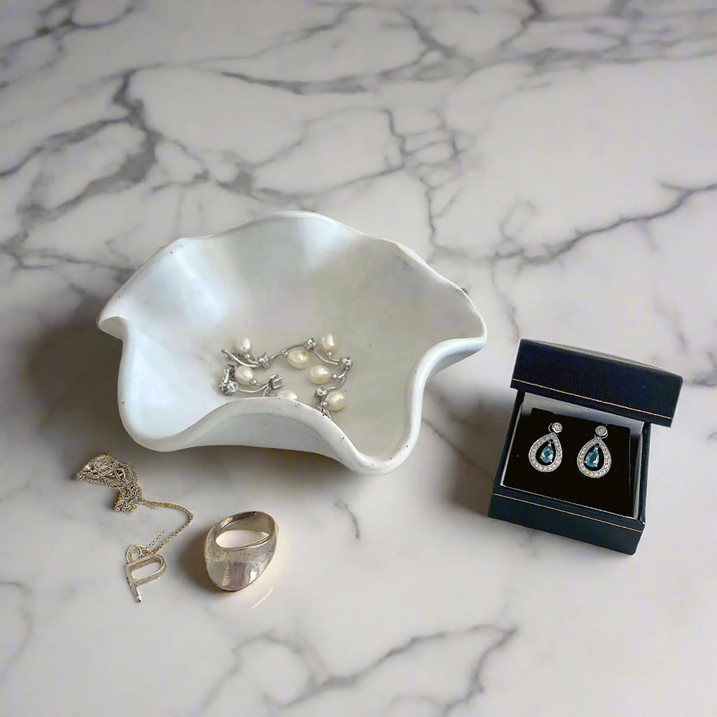 Handcrafted white ceramic jewellery dish with wave form — catchall trinket tray for rings and necklaces