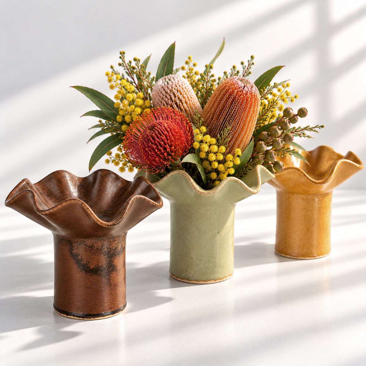 Wave Vase Wide Base - Chocolate, Melted Mint, Caramel Glazes