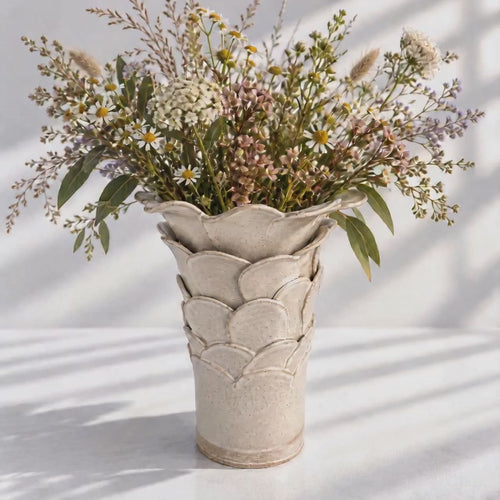 Tall Cylinder Petal Flower Vase White Handcrafted Ceramic Polly Barton