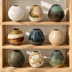 Nine handmade ceramic vases in various earthy glazes are neatly arranged on three wooden shelves