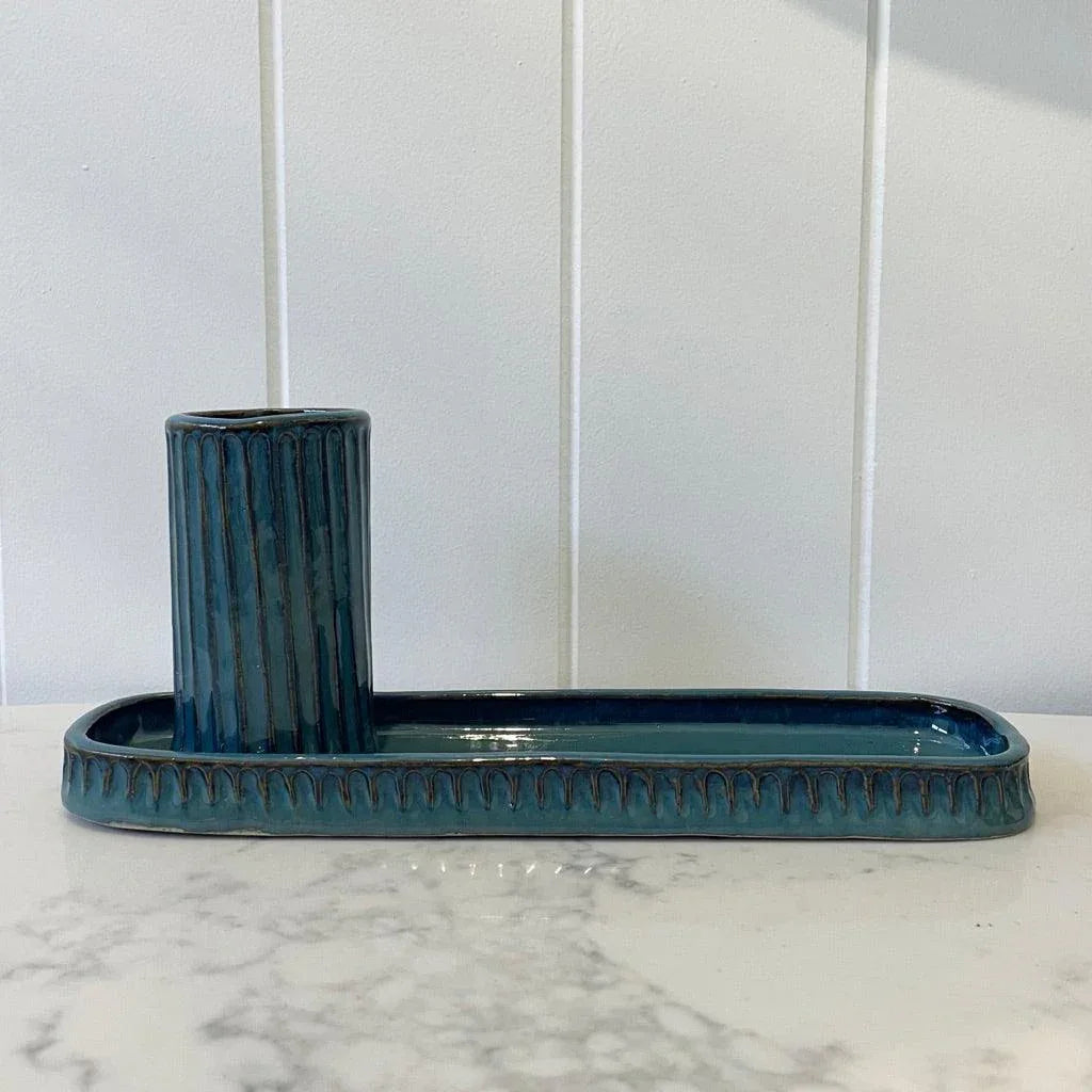 Handcrafted ceramic toothbrush holder in deep turquoise glaze — made to order in Sydney